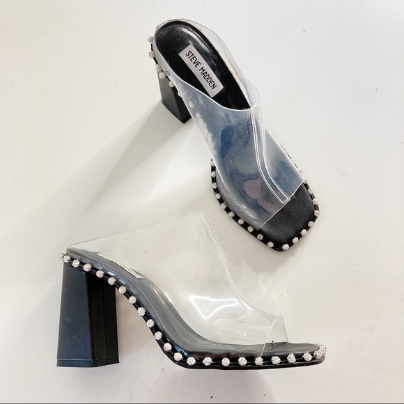 Steve Madden Neila Rhinestone Detail Clear Block Heel Dress Mules - Picture 3 of 13